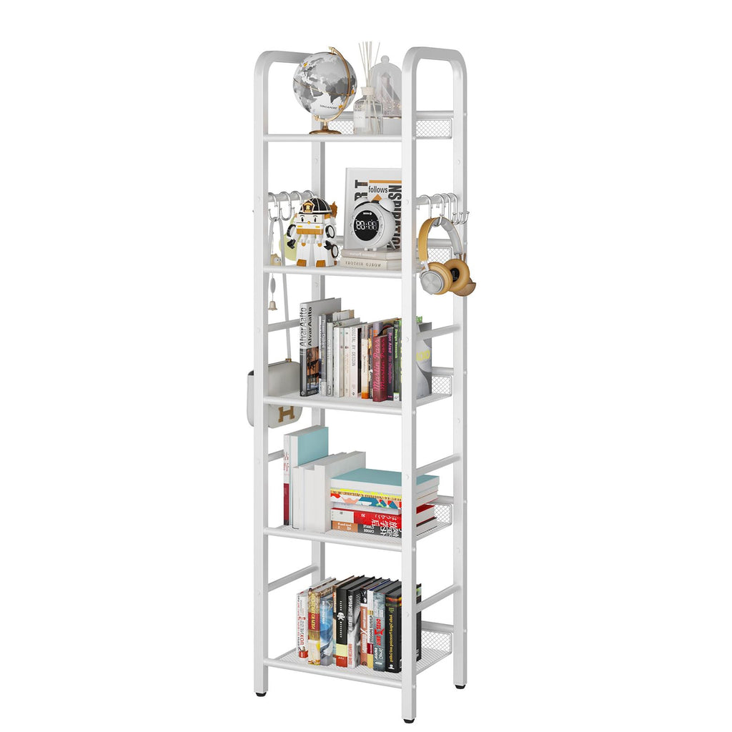 YMYNY 5-Tier Metal Bookshelf – Modern Storage Shelf with 8 S-Hooks, White