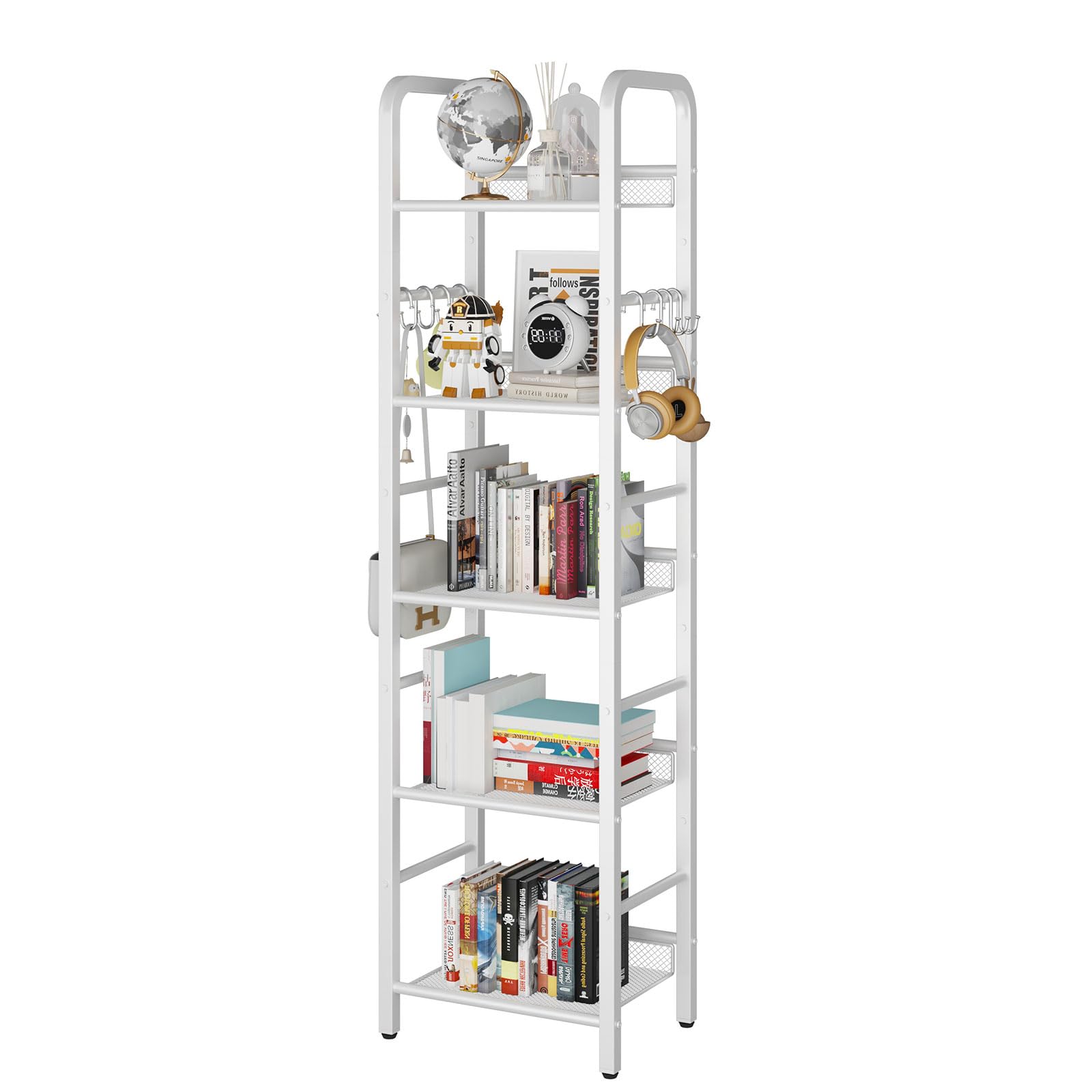 YMYNY 5-Tier Metal Bookshelf – Modern Storage Shelf with 8 S-Hooks, White