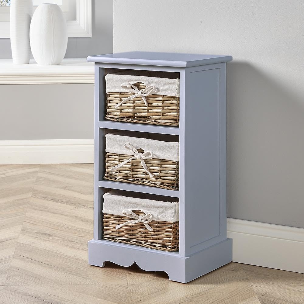 3 Drawer Wooden Storage Unit | Wicker Basket Chest - Grey