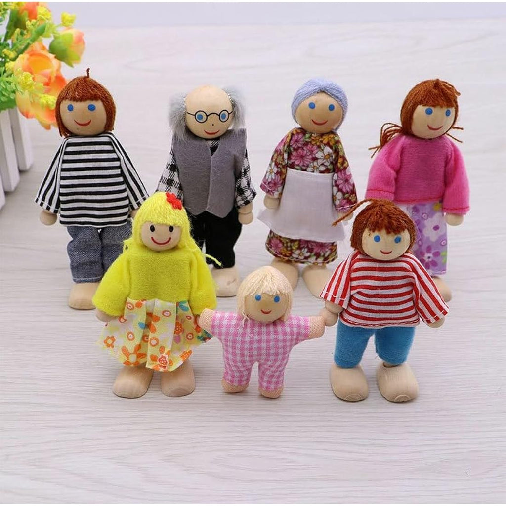 DecoBay Wooden Dollhouse Furniture Set with 7 Family Dolls – 4 Rooms