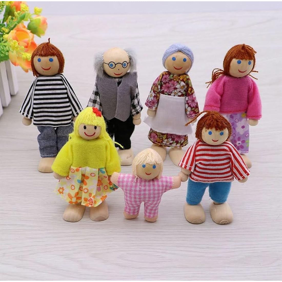 DecoBay Wooden Dollhouse Furniture Set with 7 Family Dolls – 4 Rooms