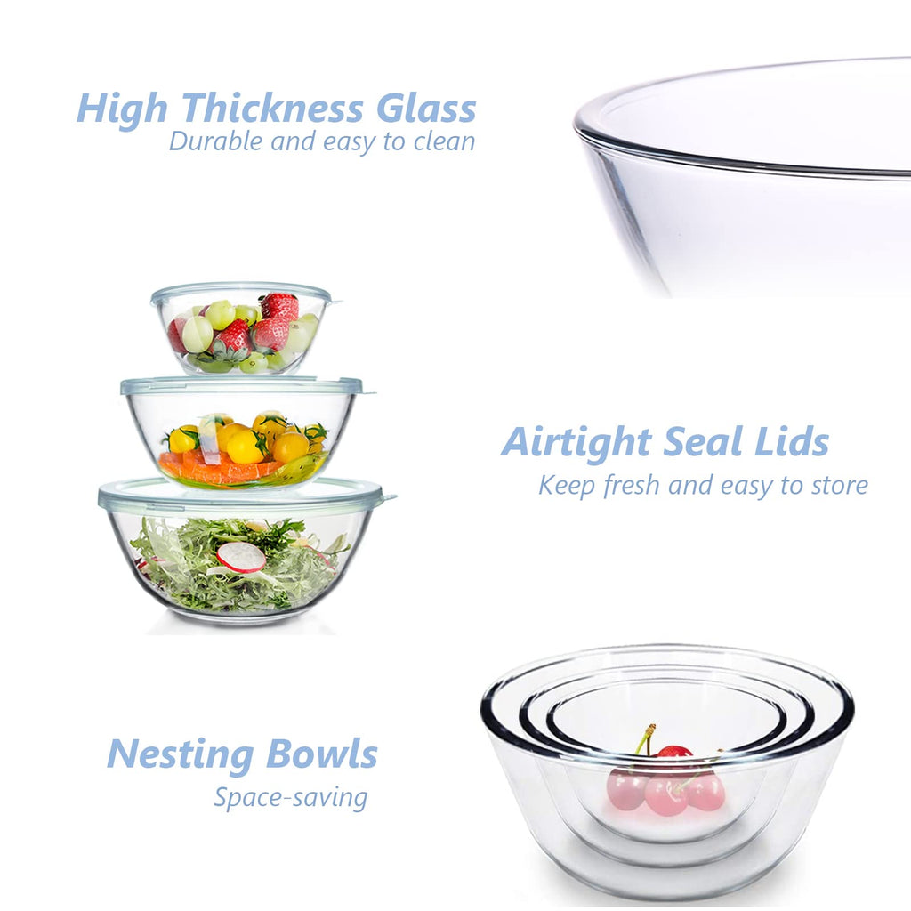 WhiteRhino Glass Mixing Bowls with Lids - 3pc Borosilicate Nesting Set