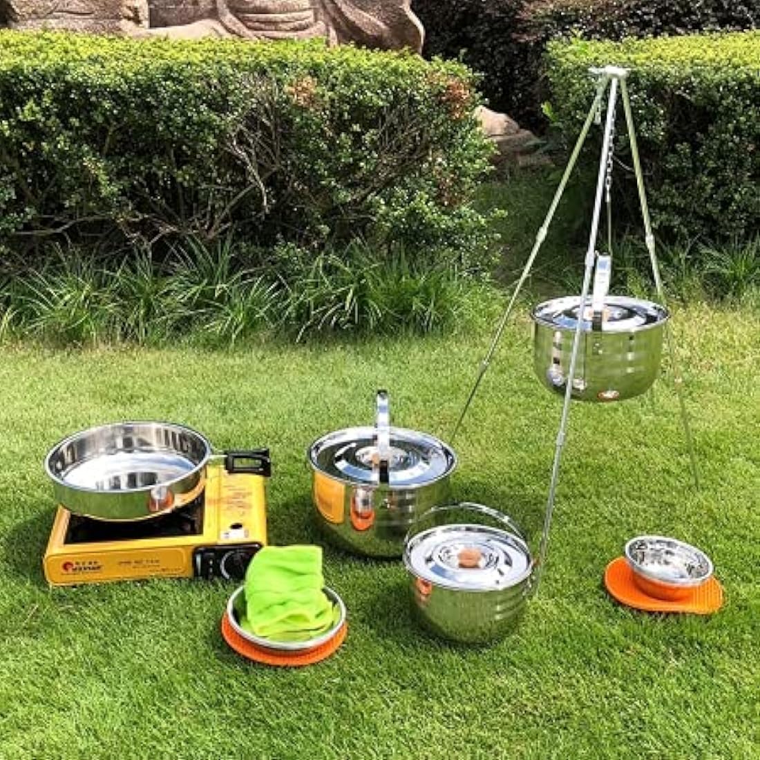 CAMPINGMOON Stainless Steel 15-Piece Nesting Camping Cookware Set