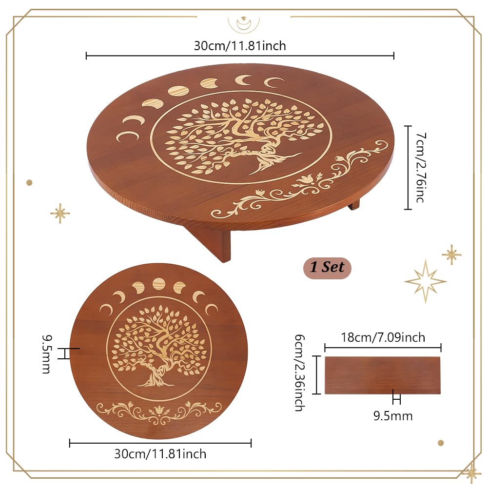 PH PandaHall Altar Table, 11.8x2.7 Inch Round Wooden Meditation Table Engraved Moon Tree of Life Patterns Wiccan Tables for Room Engraved Mystic - image 2