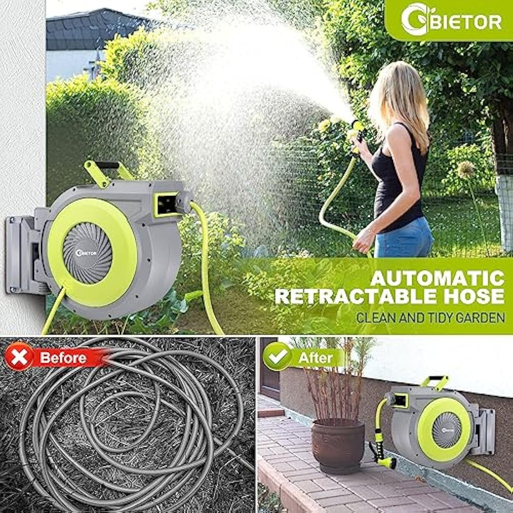 Bietor Retractable Garden Hose Reel – 40m Wall Mounted Heavy Duty 9-Pattern