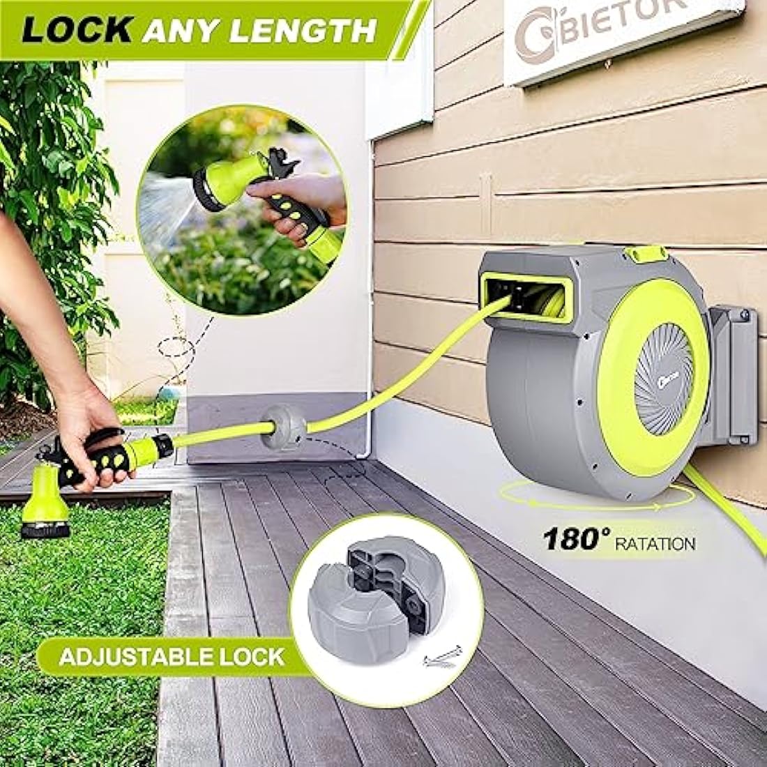 Bietor Retractable Garden Hose Reel – 40m Wall Mounted Heavy Duty 9-Pattern