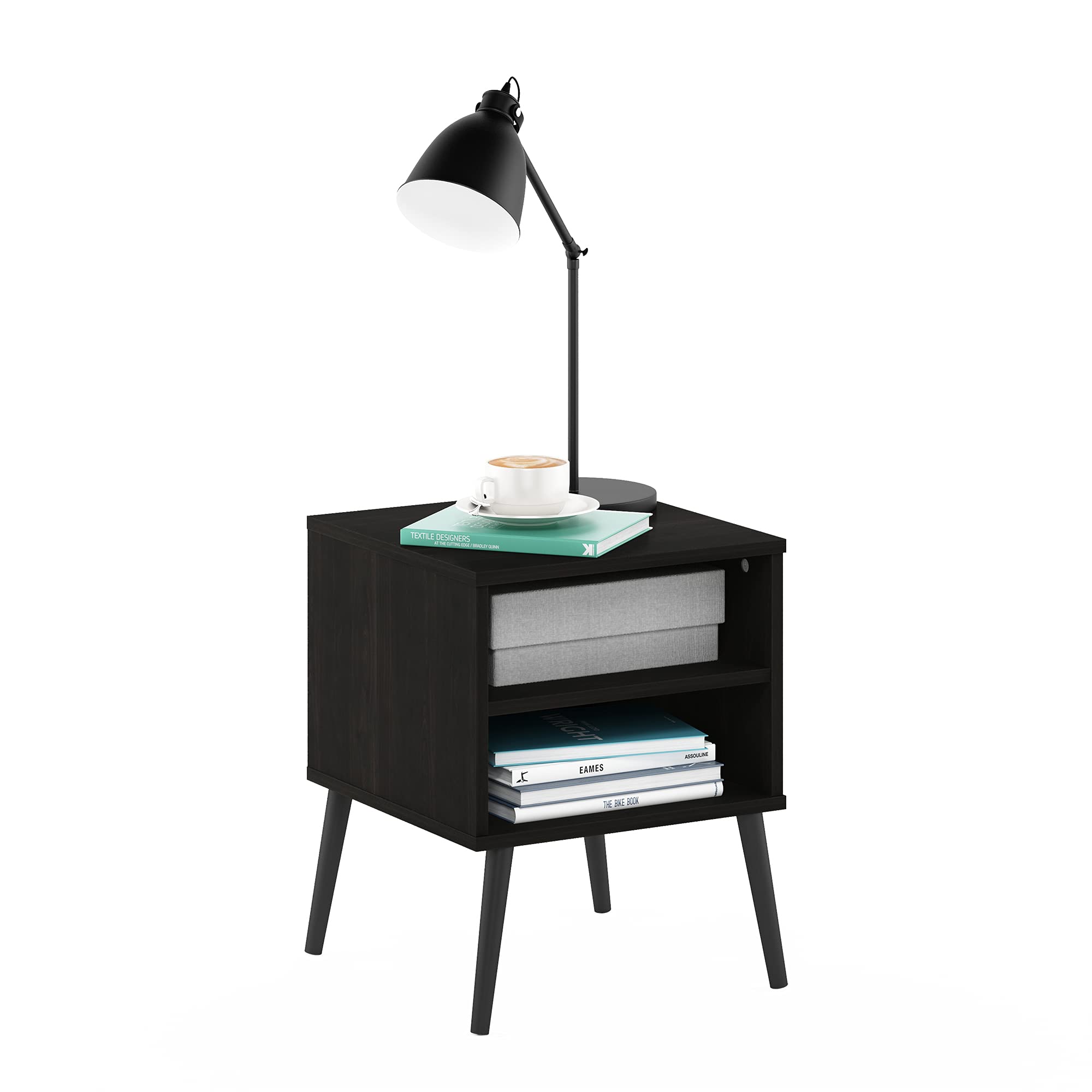 Furinno Claude 2-Tier Side Table | Mid-Century Square Nightstand, Espresso