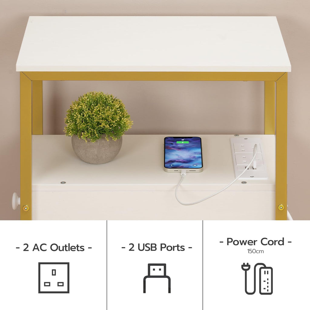 HOOBRO Narrow Side Table with Charging Station, 2 Drawers, Industrial