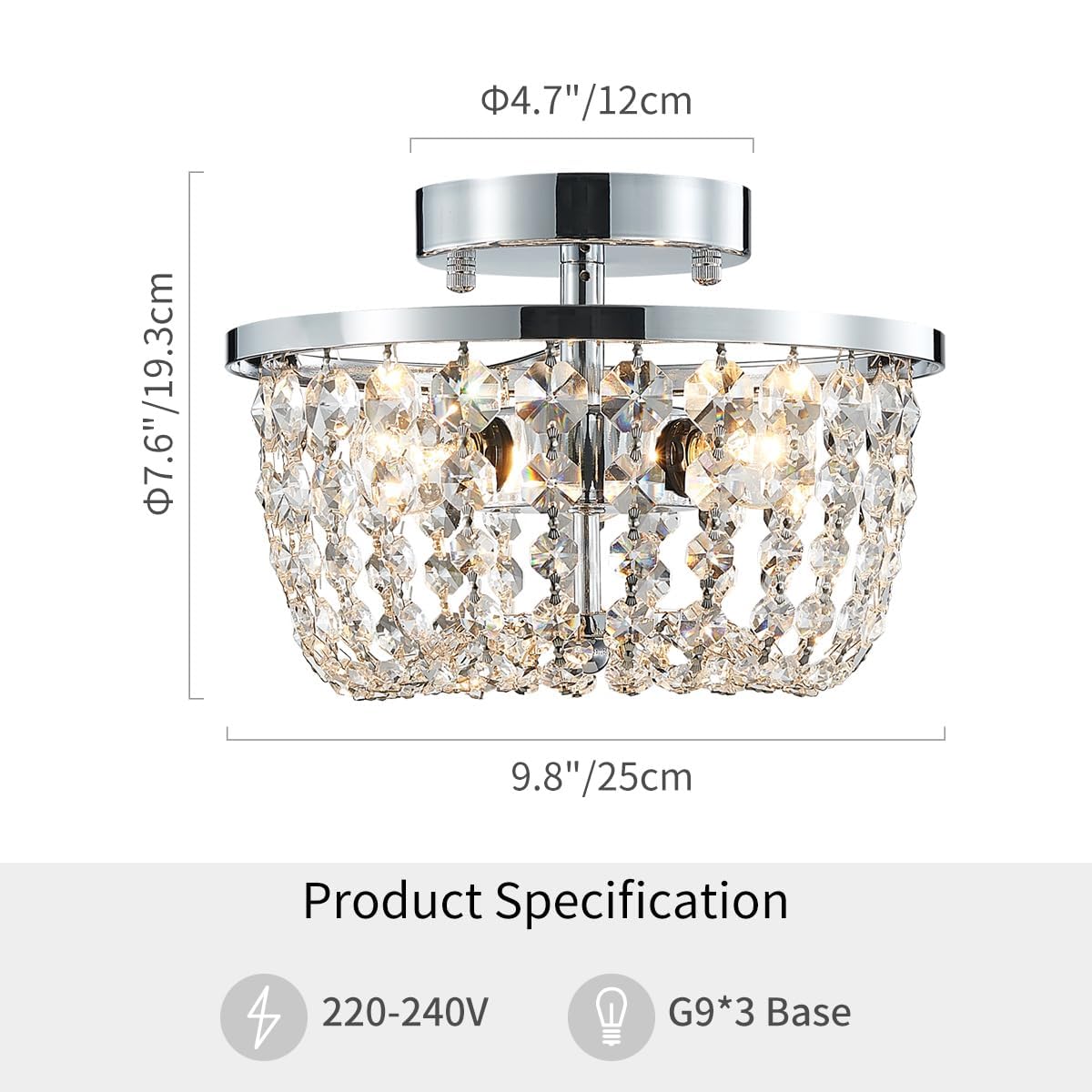 WUZUPS Modern Crystal Chandelier – Chrome Semi-Flushmount Ceiling Light