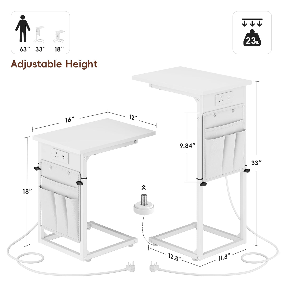 Vagusicc C-Shaped Side Table with Charging Station, Height Adjustable Sofa Side Table, Bedside Table, End Table for Small Spaces - image 3
