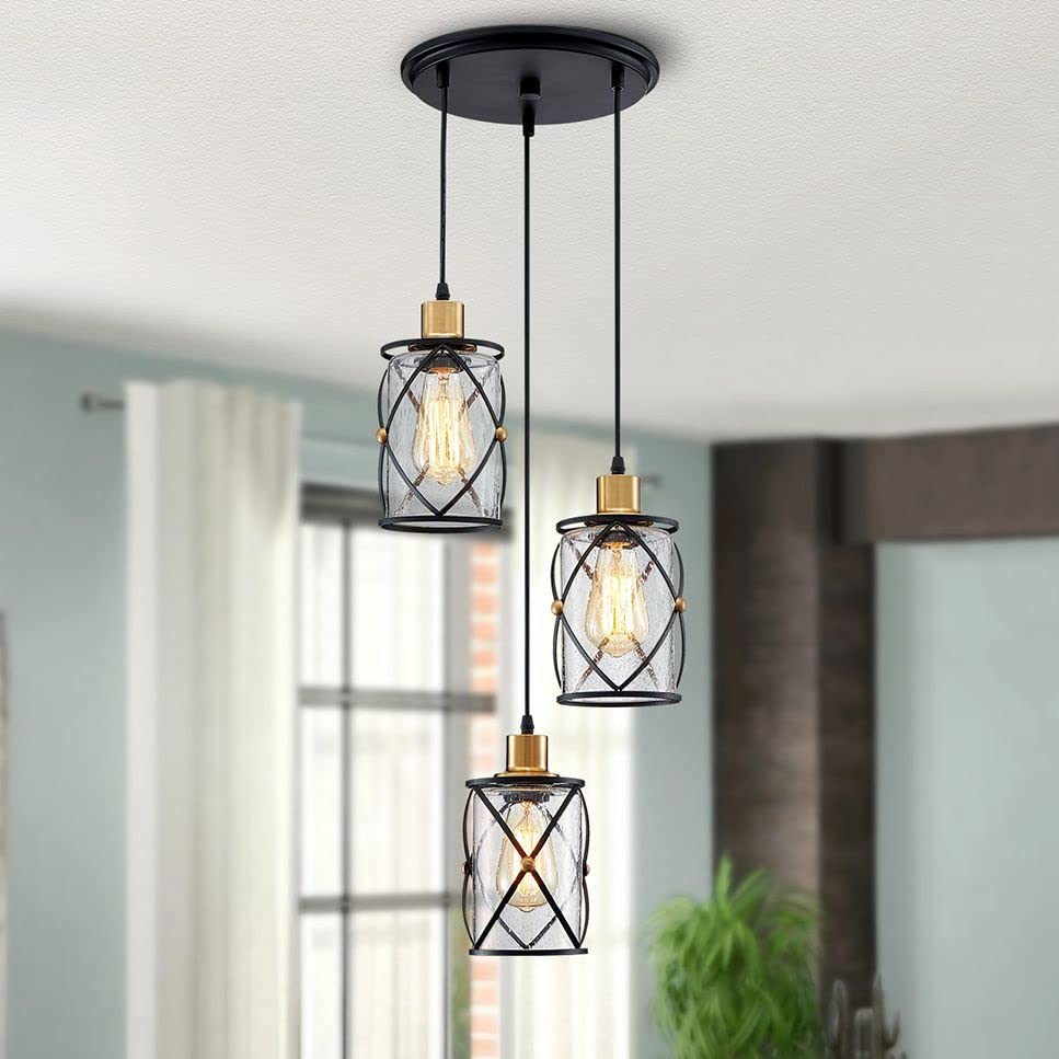 WUZUPS Industrial 3-Light Pendant Ceiling Fixture | Seeded Glass Shade