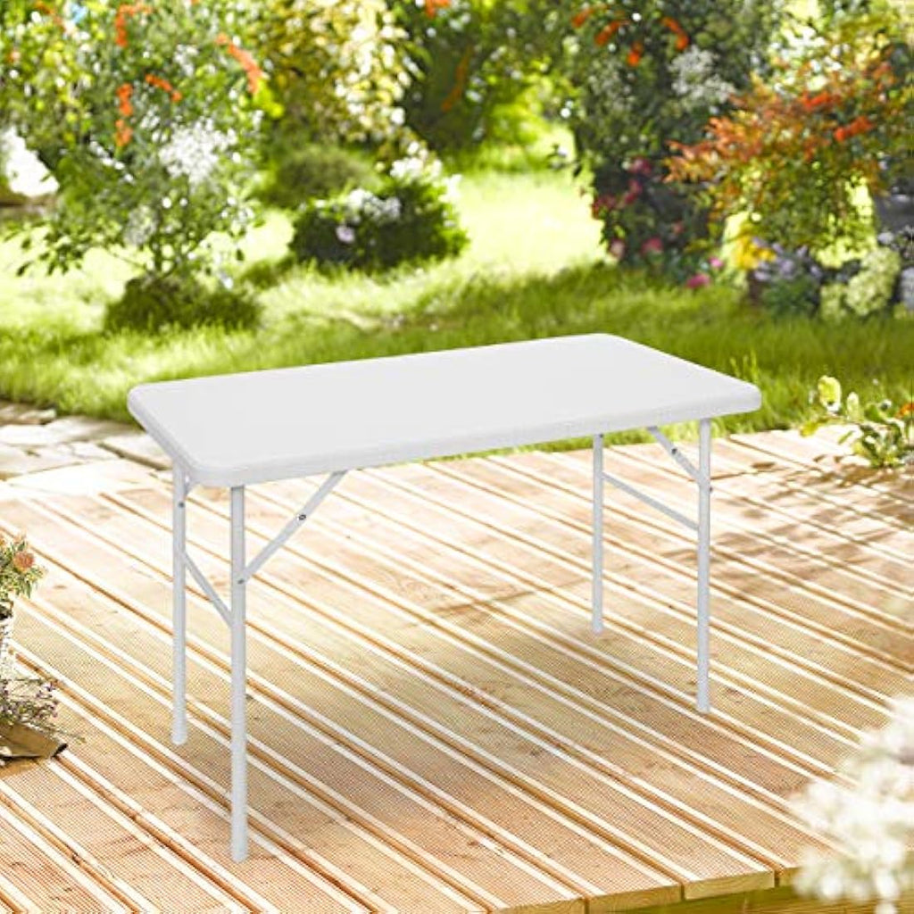 Relaxdays BASTIAN Folding Patio Table – White Rattan Look Metal Frame