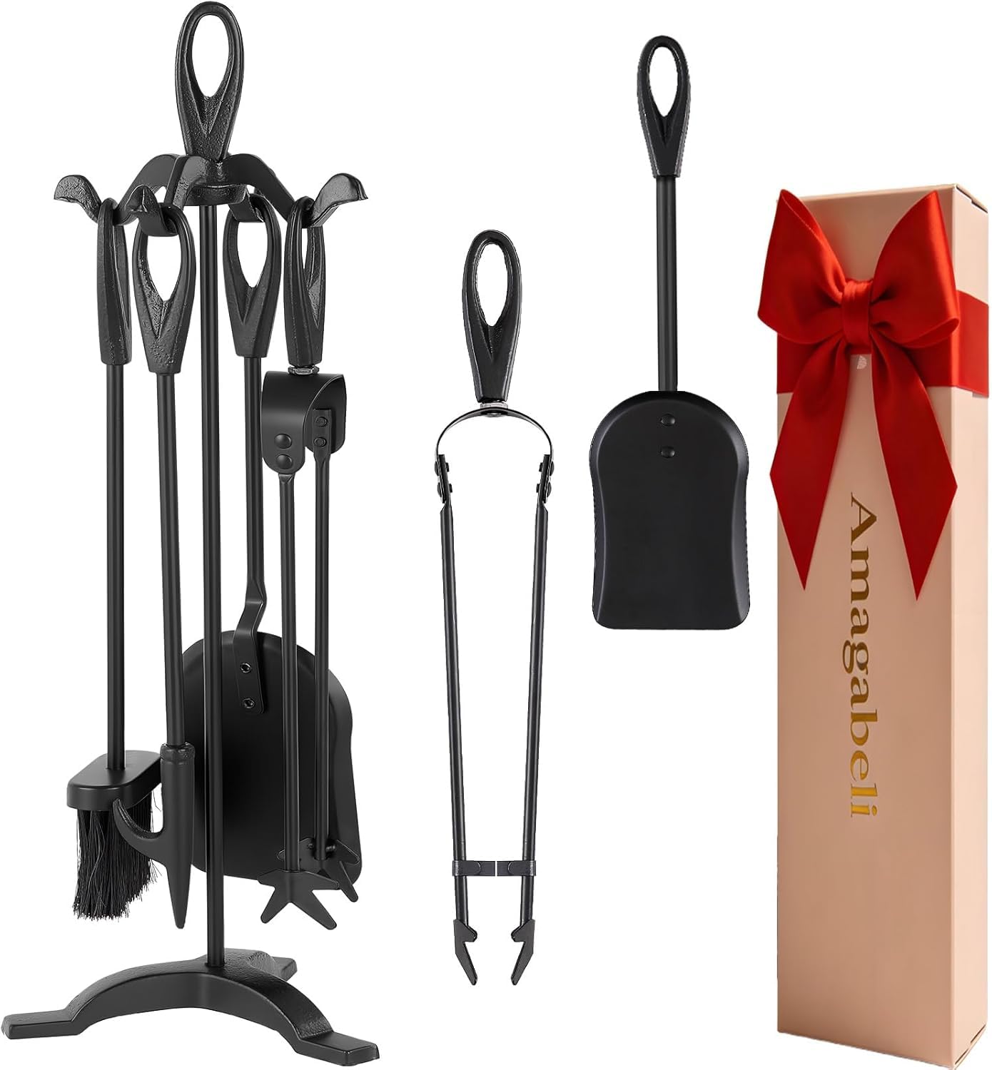 Amagabeli 5-Piece Wrought Iron Fireplace Tools Set – 25.2" Black Set