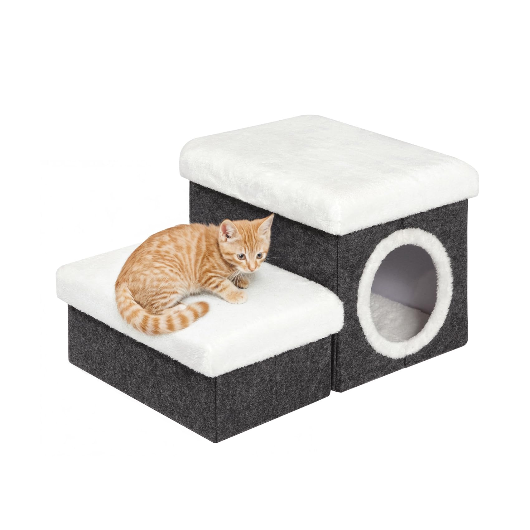 Bonlife 2-Tier Pet Stairs with Cat House & Storage – Foldable Dark Grey