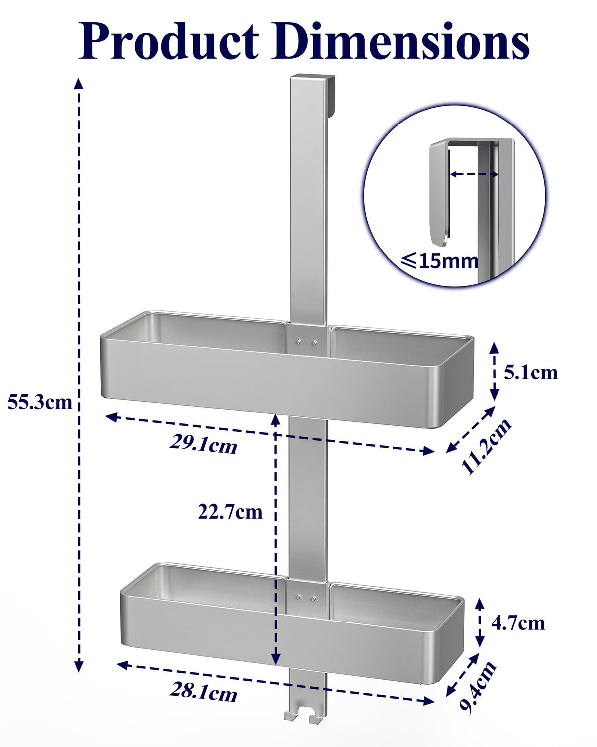 Kitsure Over Door Shower Caddy, 2-Tier Hanging Bathroom Shelf, Silver - image 2
