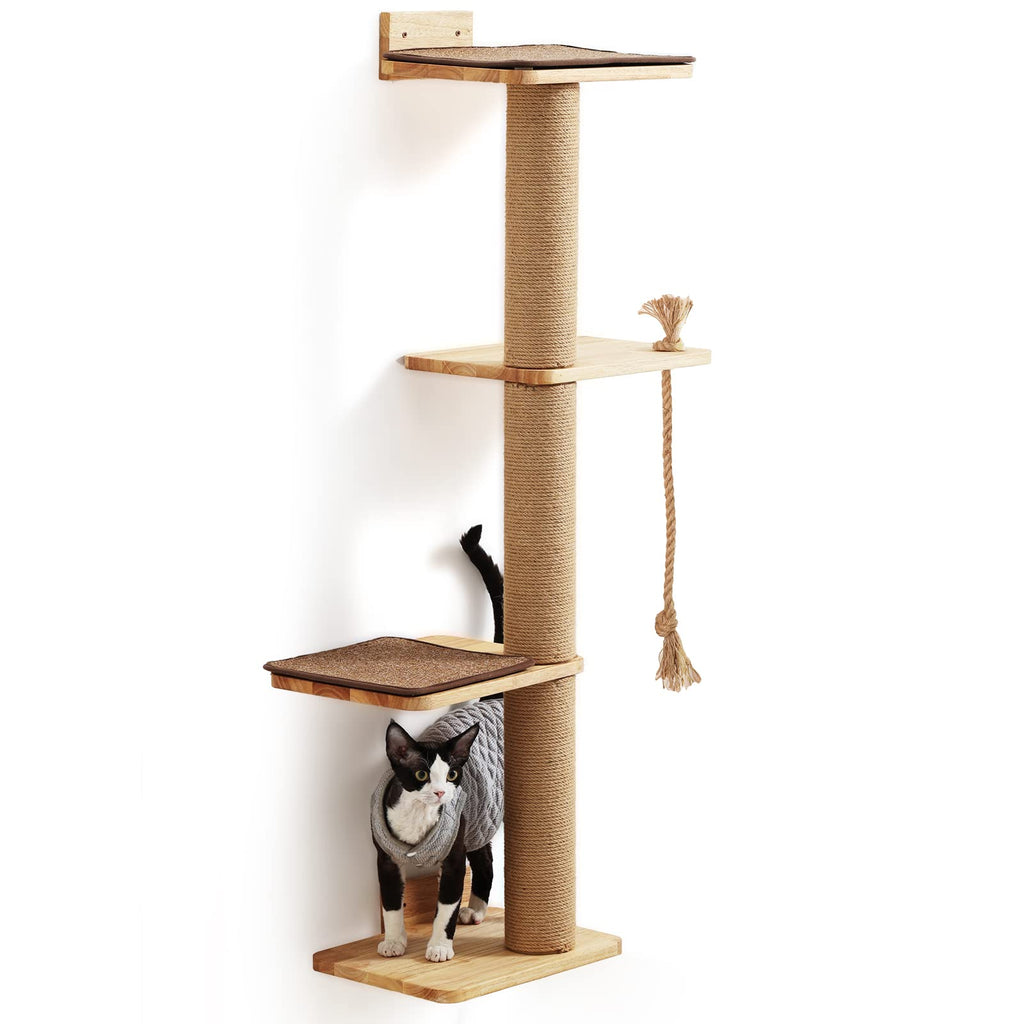 FUKUMARU Wall Mounted Cat Scratching Tree – 125cm Rubber Wood Jute Post