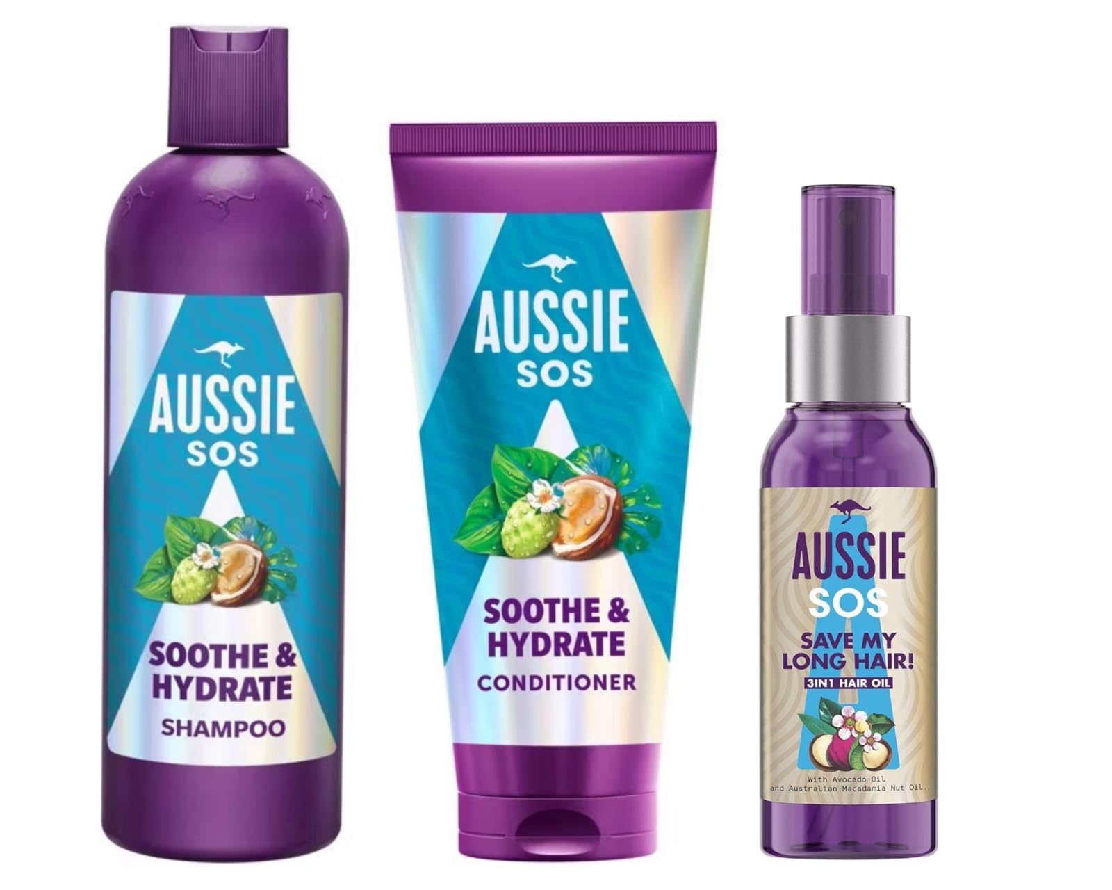 Aussie SOS Soothe & Hydrate Haircare Bundle – Shampoo, Conditioner & Oil