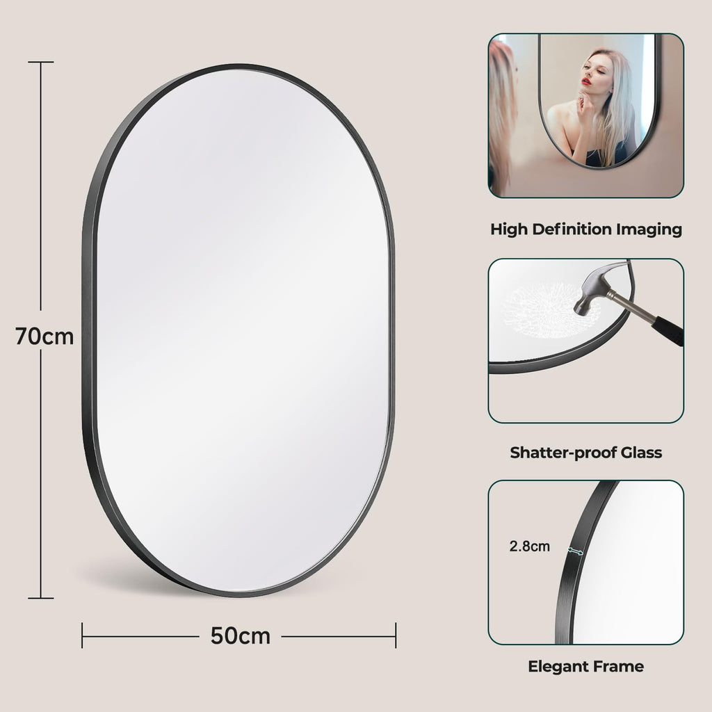 Dripex Oval Wall Mirror | 50x70cm Aluminum Frame Bathroom Mirror – Black