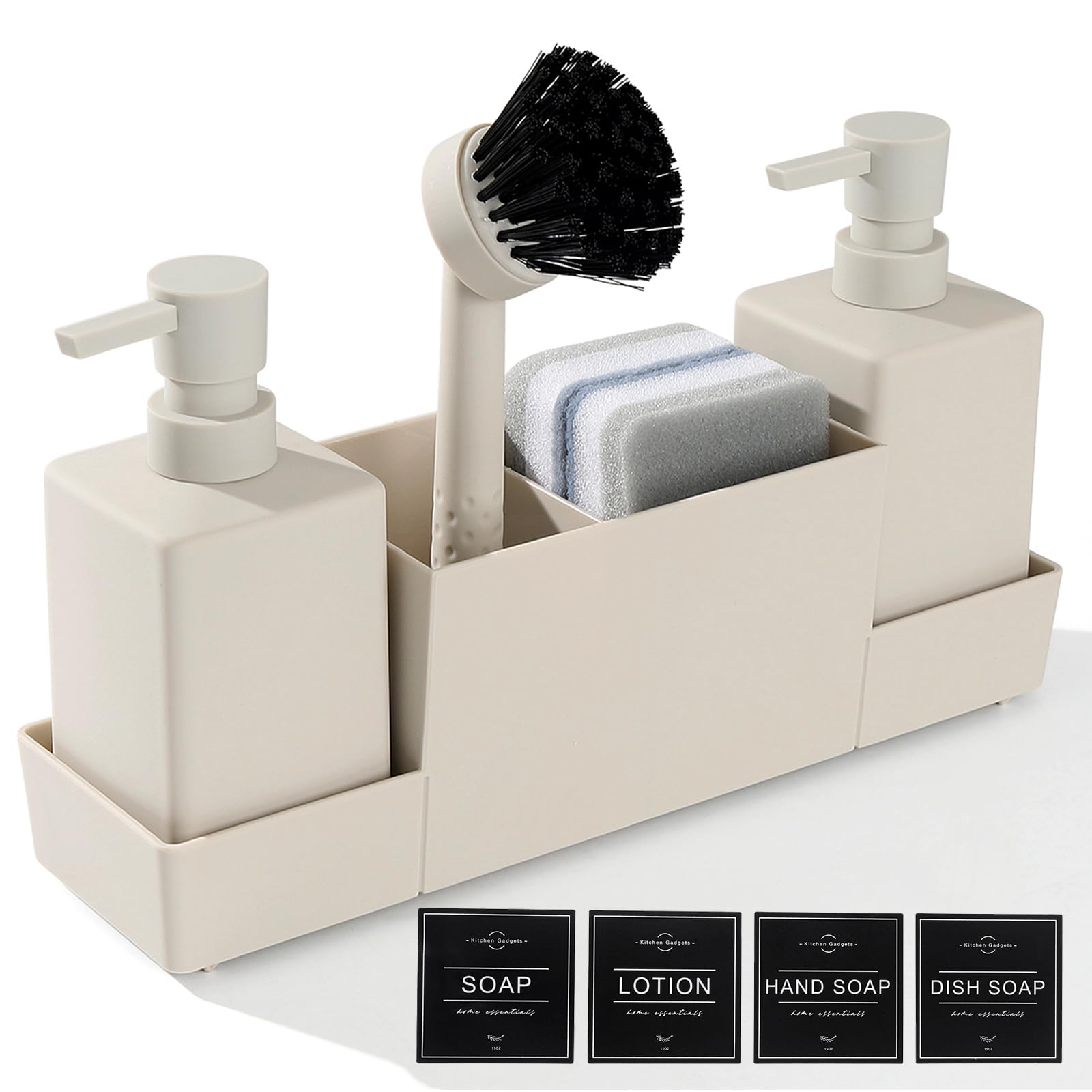 Kitchen Soap Dispenser Set | 4-in-1 Sink Caddy & Organizer – Beige