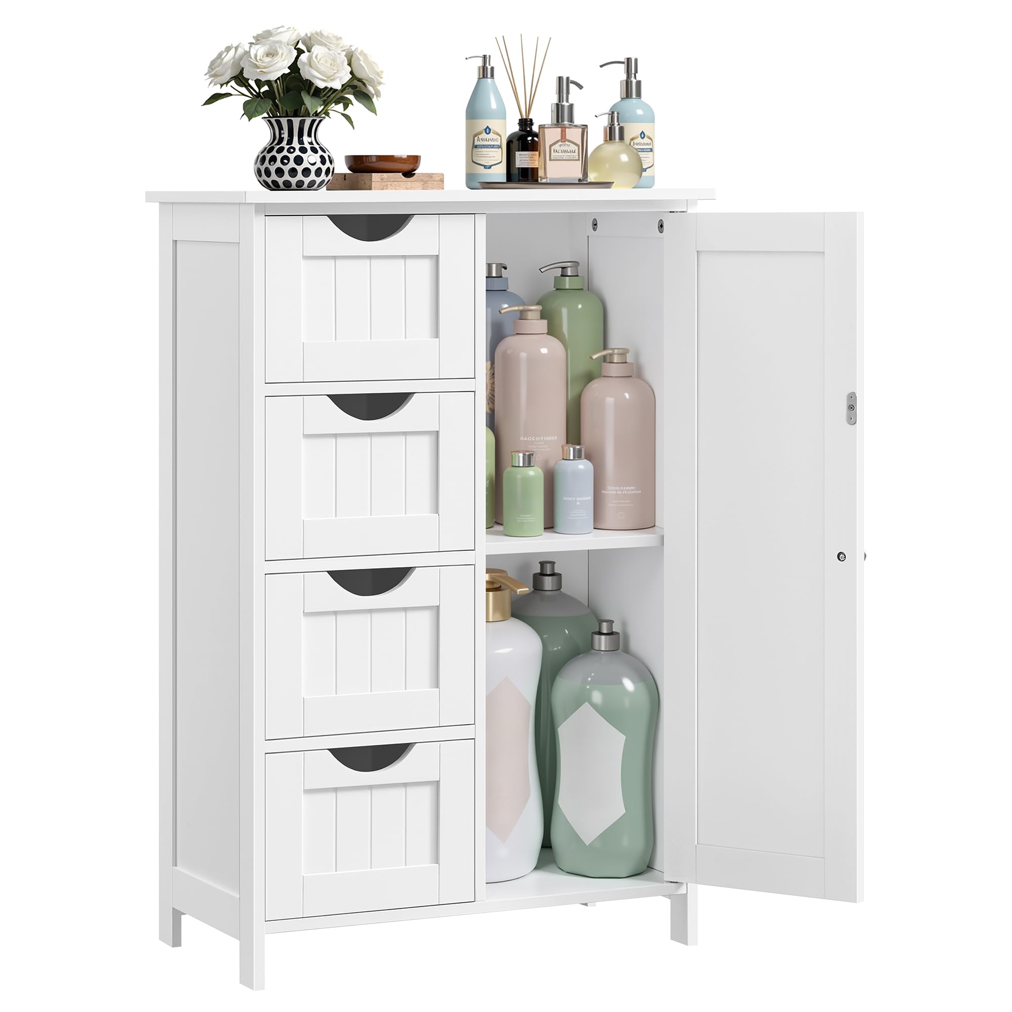 VASAGLE Bathroom Floor Storage Cabinet | 4-Drawer Wooden Unit - White