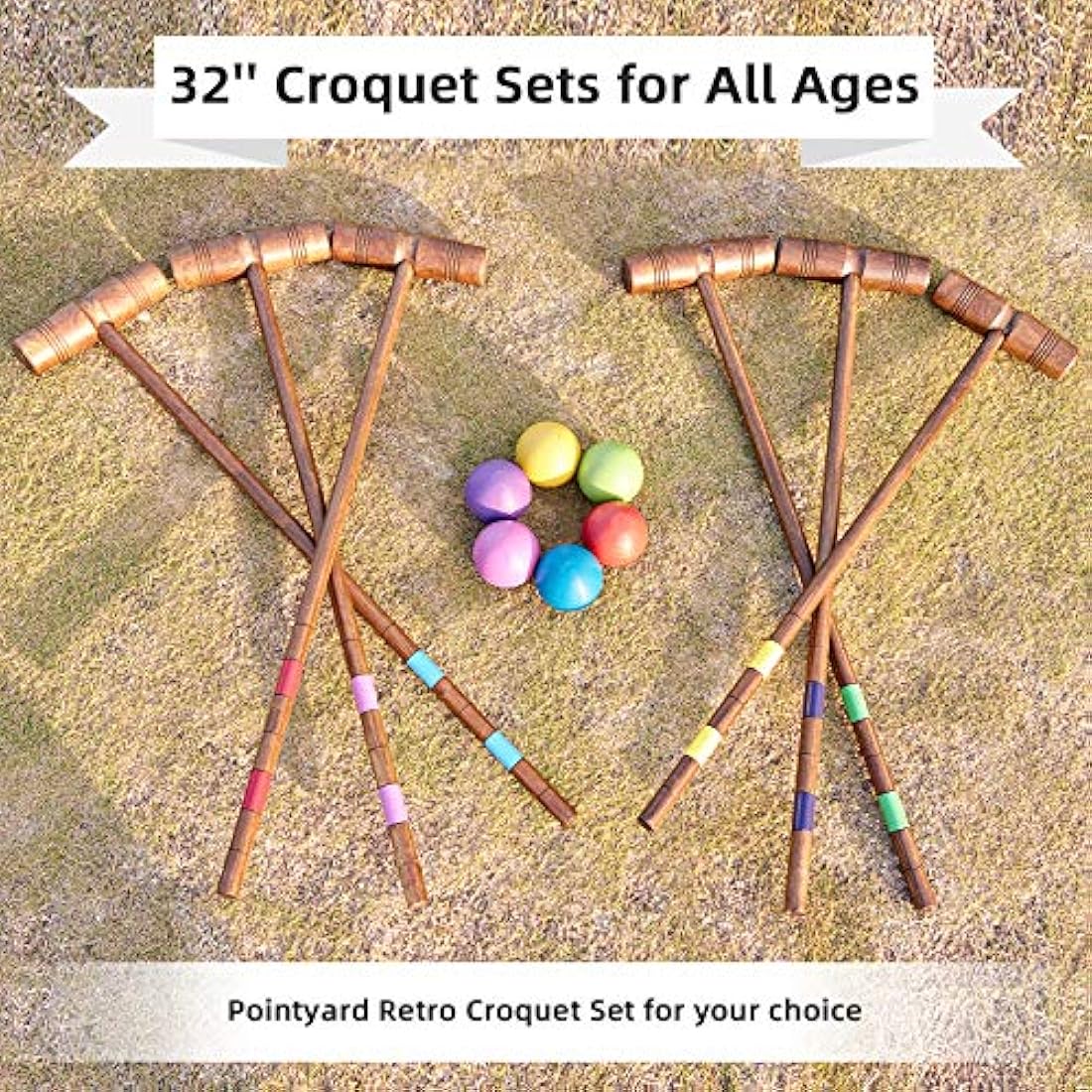 Pointyard 32" Six Player Croquet Set – Premium Rubber Wood Lawn Game