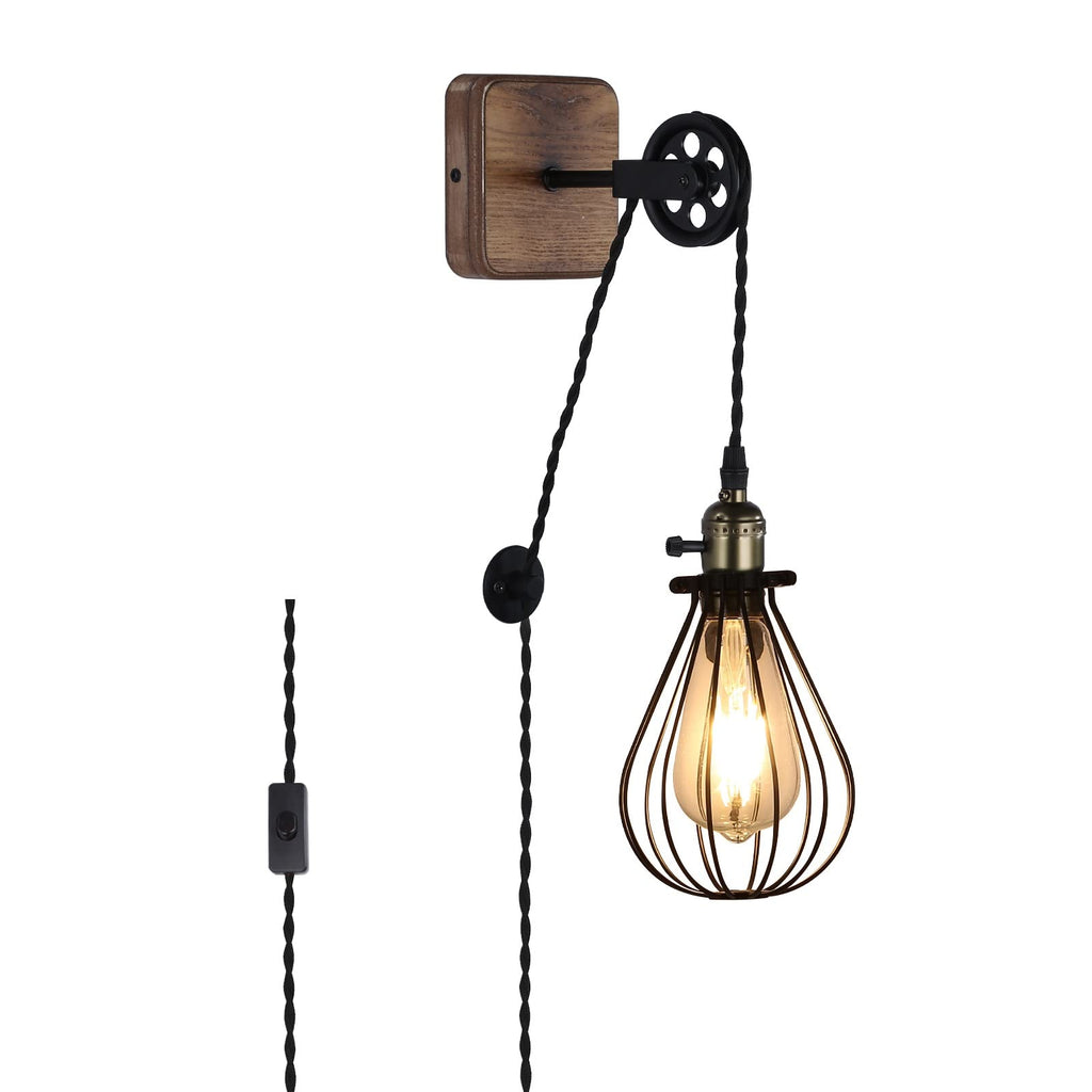 SUNLLOK Industrial Pulley Wall Lamp – Vintage Plug-in Cage Sconce (Black)