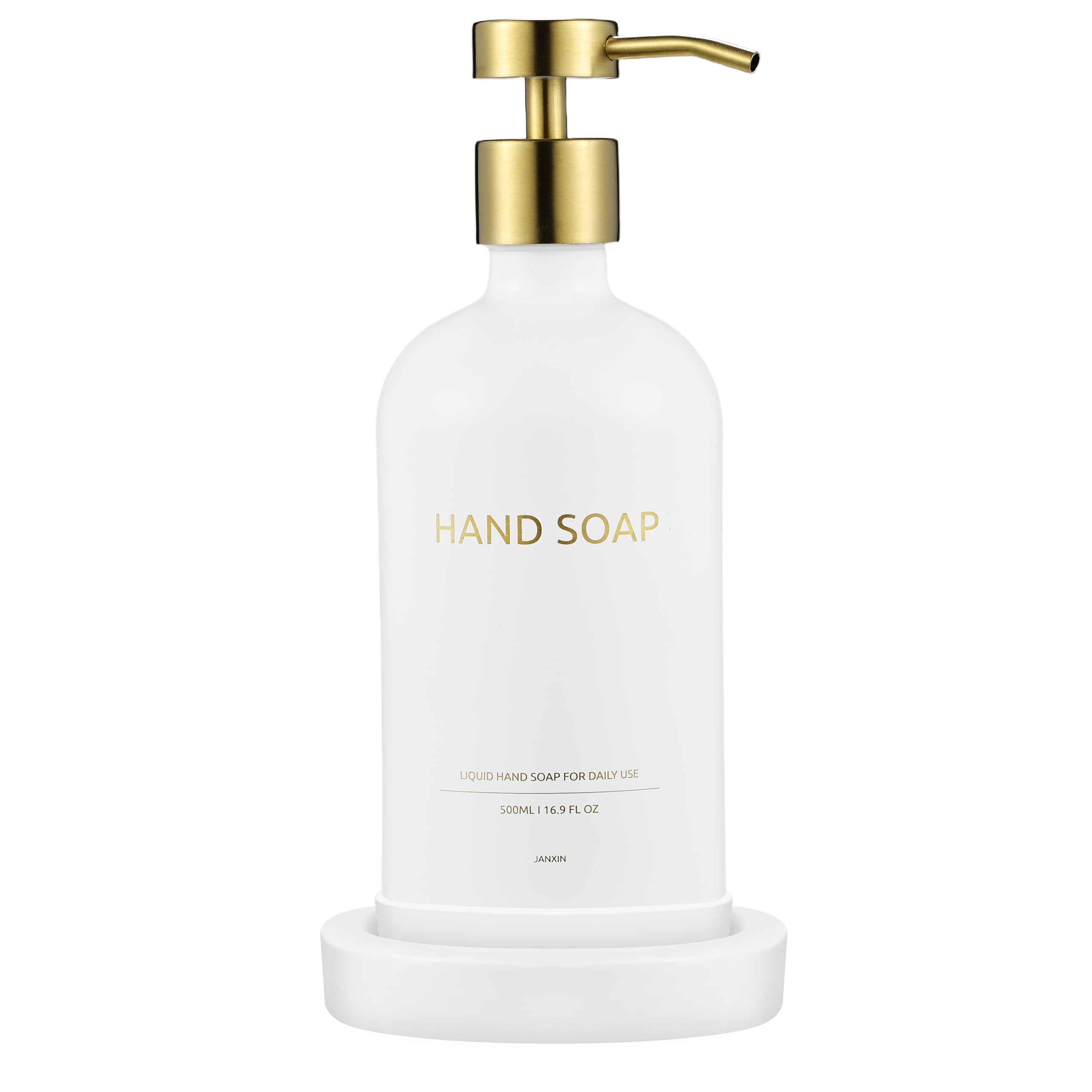 Janxin Glass Soap Dispenser Set with Ceramic Tray | 500ml Modern Pump