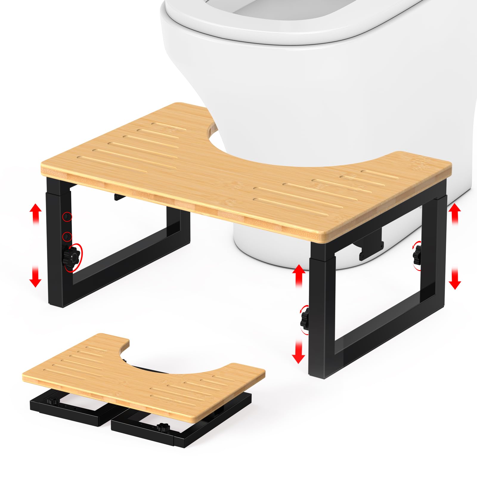 GLARETEX Folding Toilet Stool – Adjustable Height Wood & Metal Squatty Potty