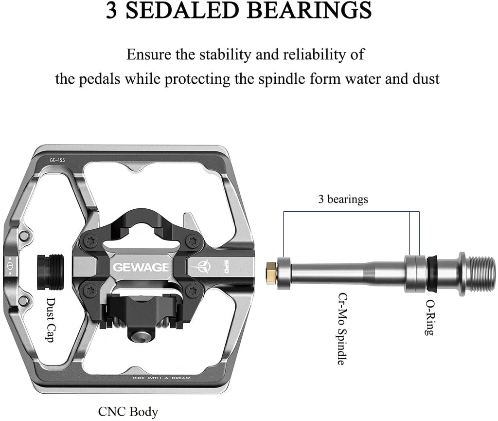 GEWAGE Dual Function MTB Pedals | CNC Aluminum SPD & Flat 9/16" Bike Pedals