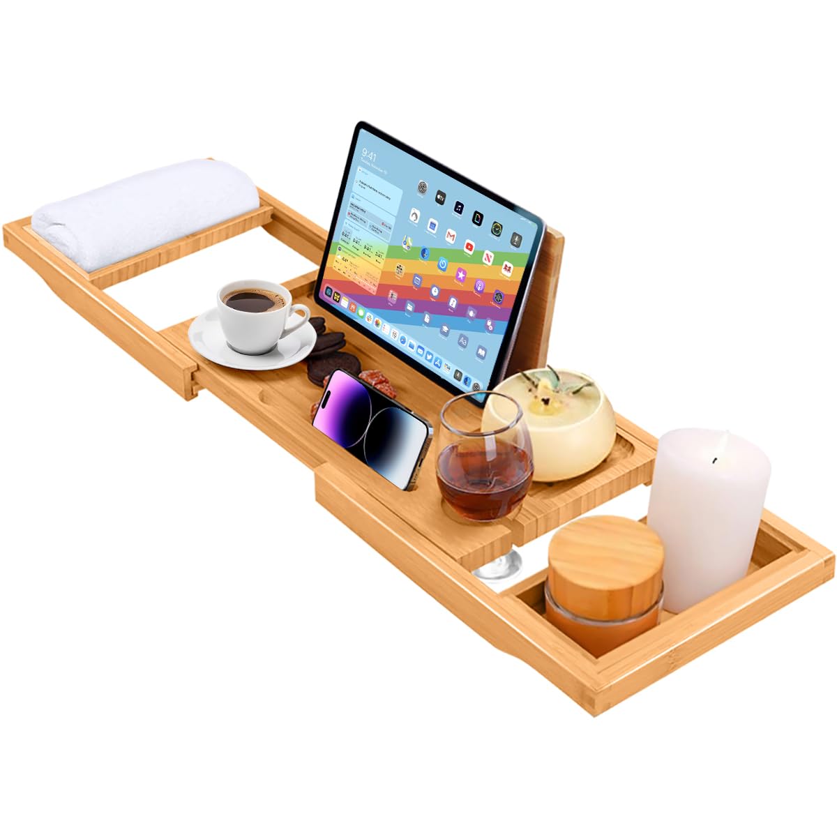 ADOV Extendable Bamboo Bath Tray – Luxury Wood Bathtub Caddy Shelf