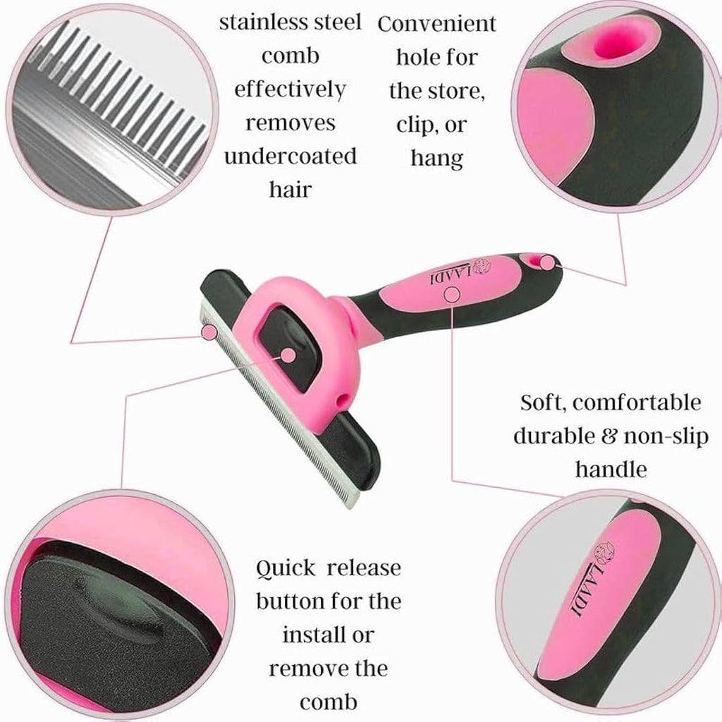 Laadi Pet Deshedding Brush for Dogs and Cats - Pink, Large Size
