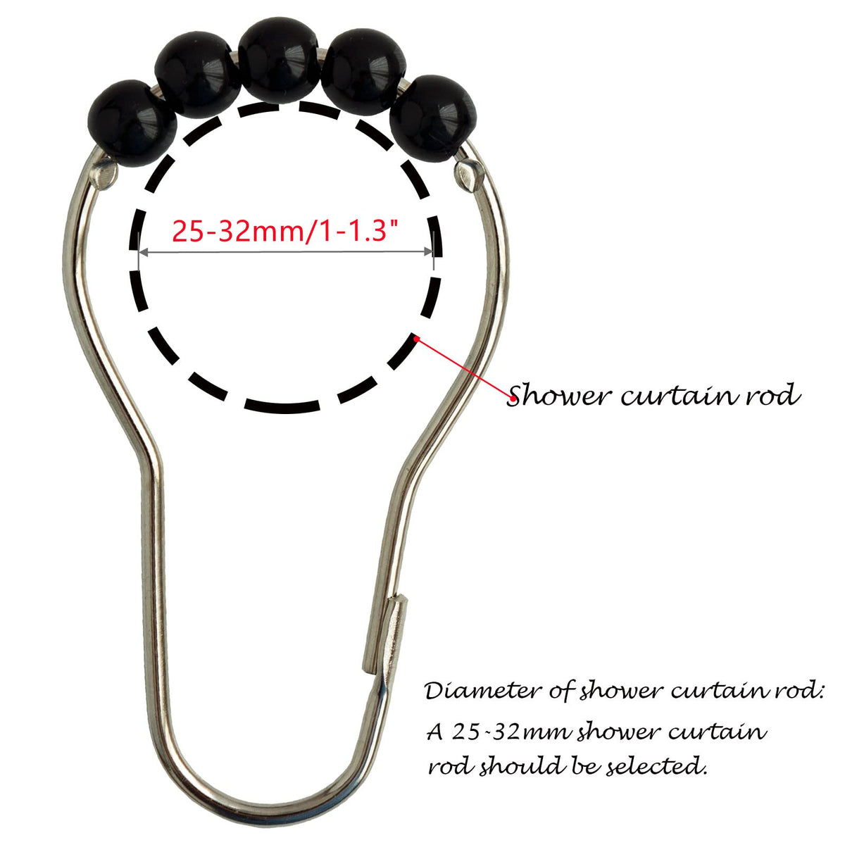 Shower Curtain Hooks Rings Stainless Steel Shower Hooks Black Acrylic roller Balls Rustproof Heavy Duty for Bathroom CurtainBlack