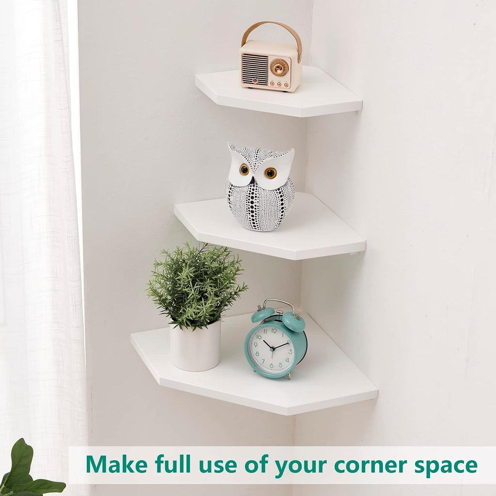 GIEANOO Solid Oak Wood Floating Corner Shelves | Set of 2 White Wall Mount