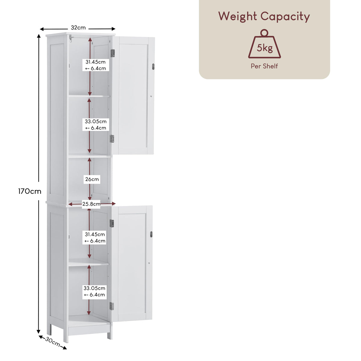 Bath Vida Priano Freestanding 2 Door Tall Storage Cabinet, White - image 3