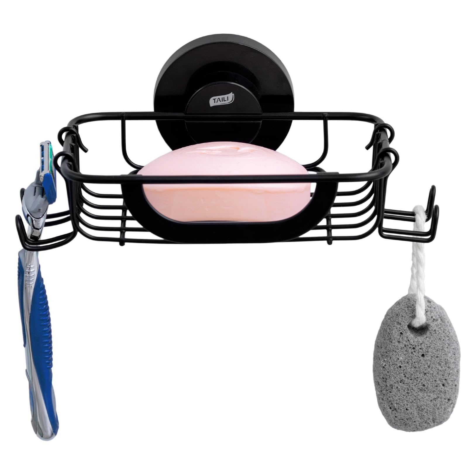 TAILI Black Suction Soap Dish with Hooks | Wall Mounted Shower Holder