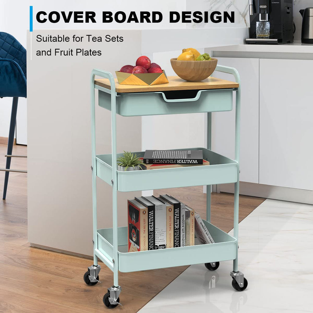 Shrivee 3-Tier Storage Trolley on Wheels and Drawer, All-Purpose Metal Uses Trolley for Office Salon Kitchen Bathroom OfficeGreen