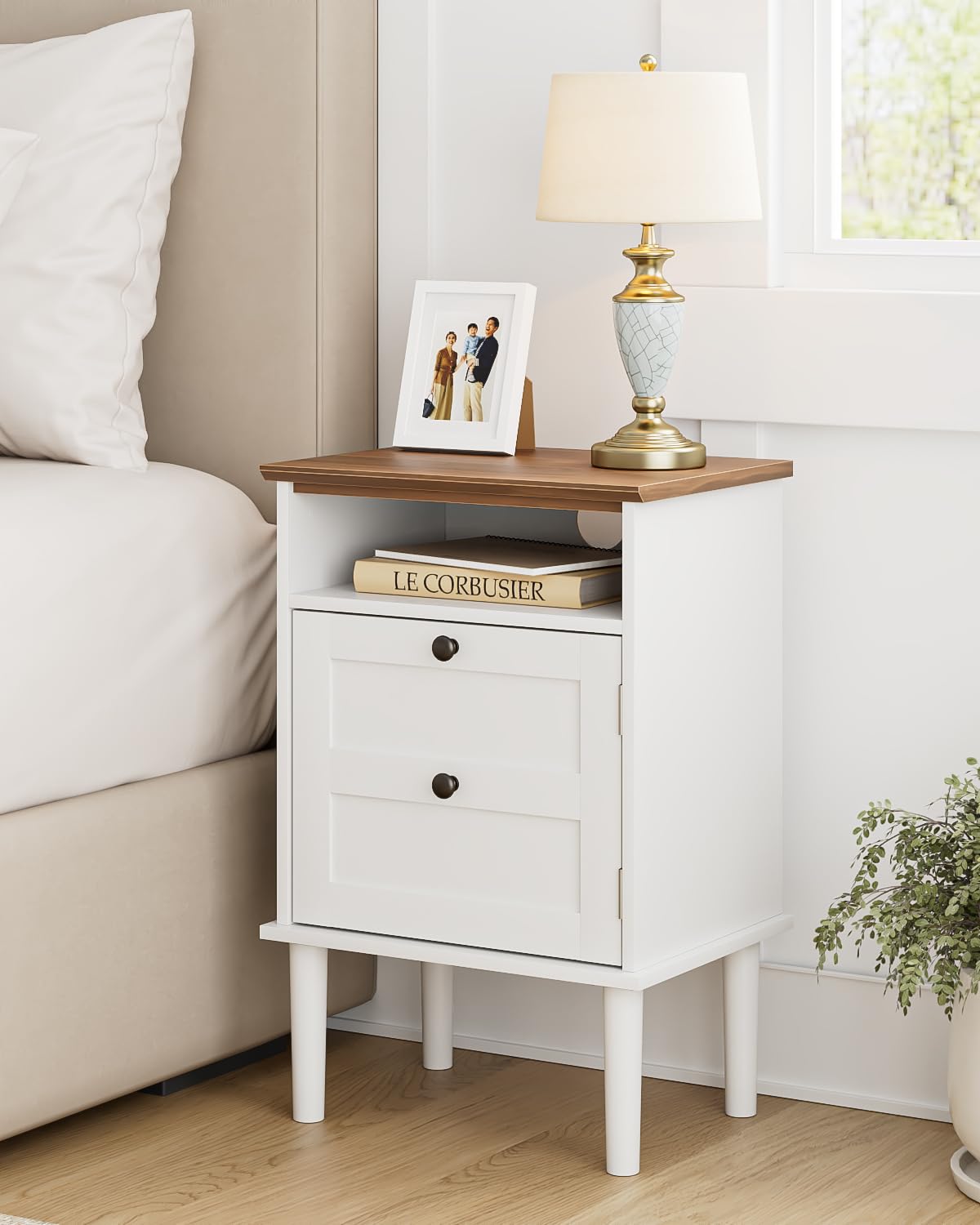 HEYZOEY Farmhouse Wooden Bedside Cabinet with Door - White Side Table