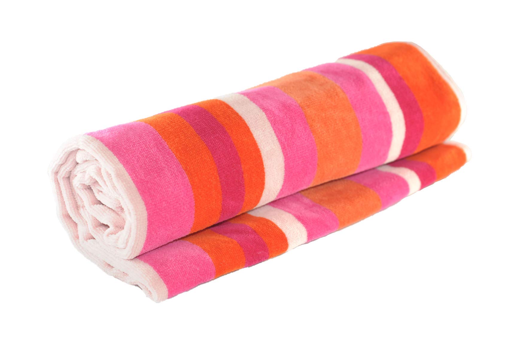 Lex's Linens Striped Cotton Beach Towel | Pink & Orange Velour – 70x150cm