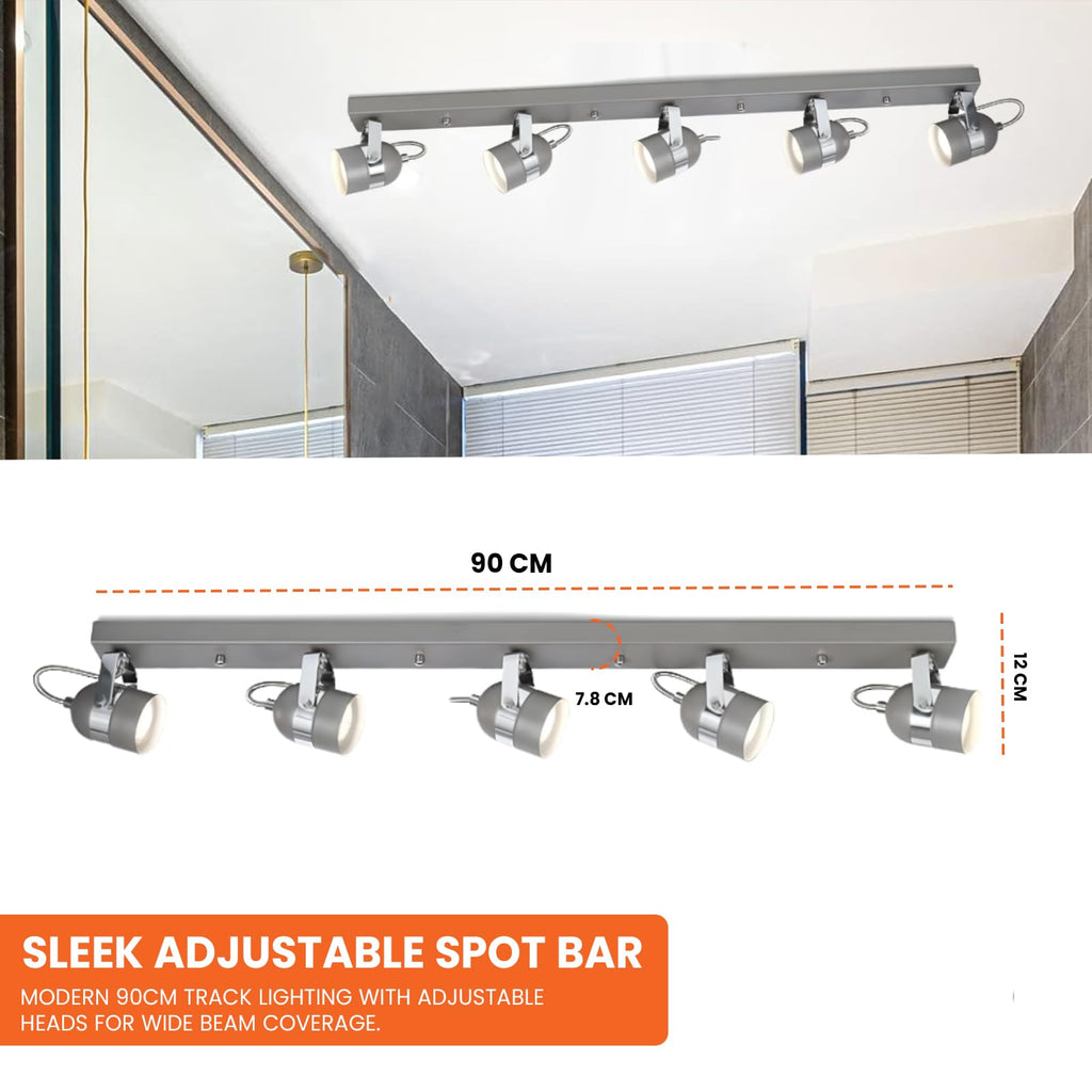 UKEW 5 Way Modern Ceiling Spotlight Bar | 90cm Adjustable GU10 - Grey