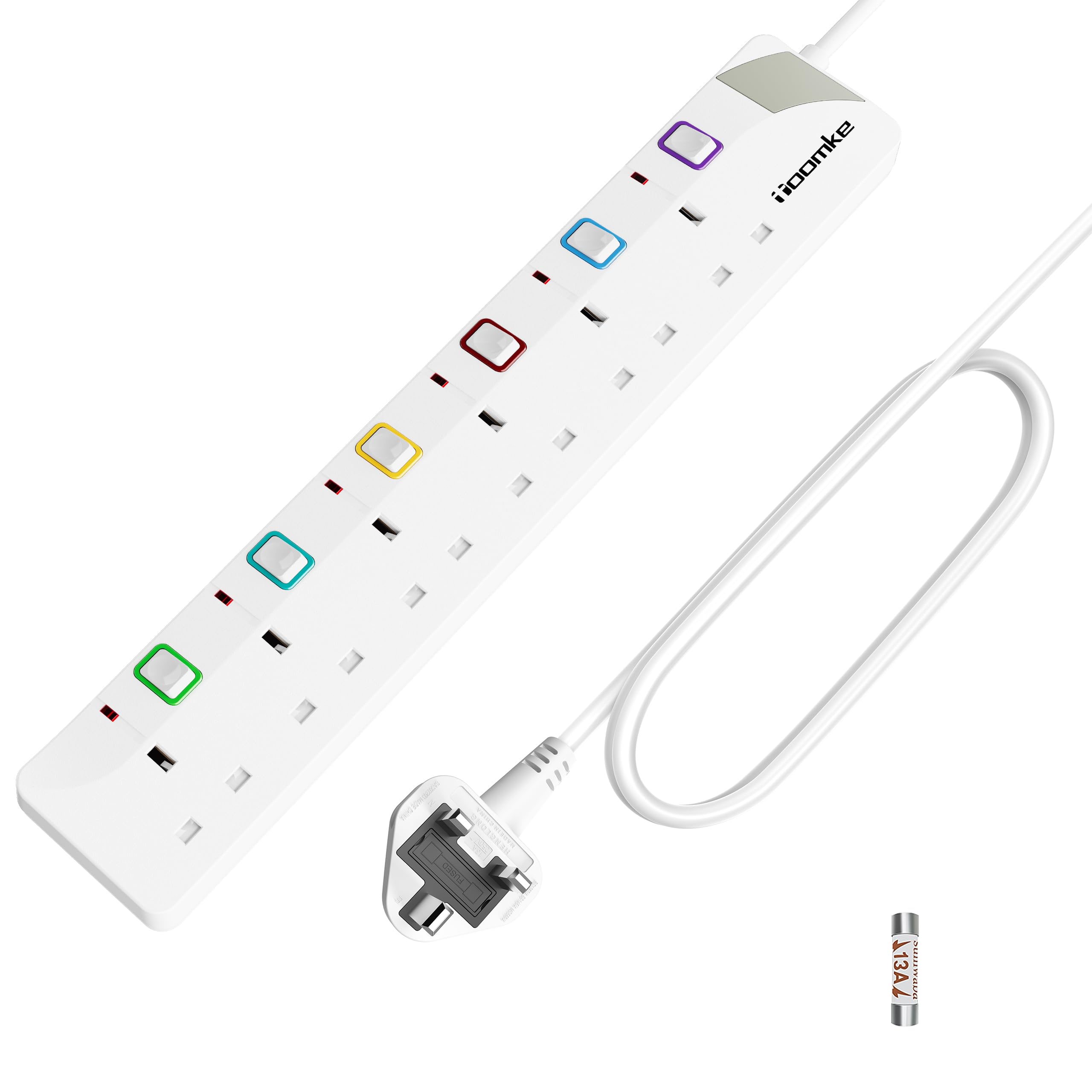 Toomke 6 Way Extension Lead with Individual Switches - 5M Wall Mountable