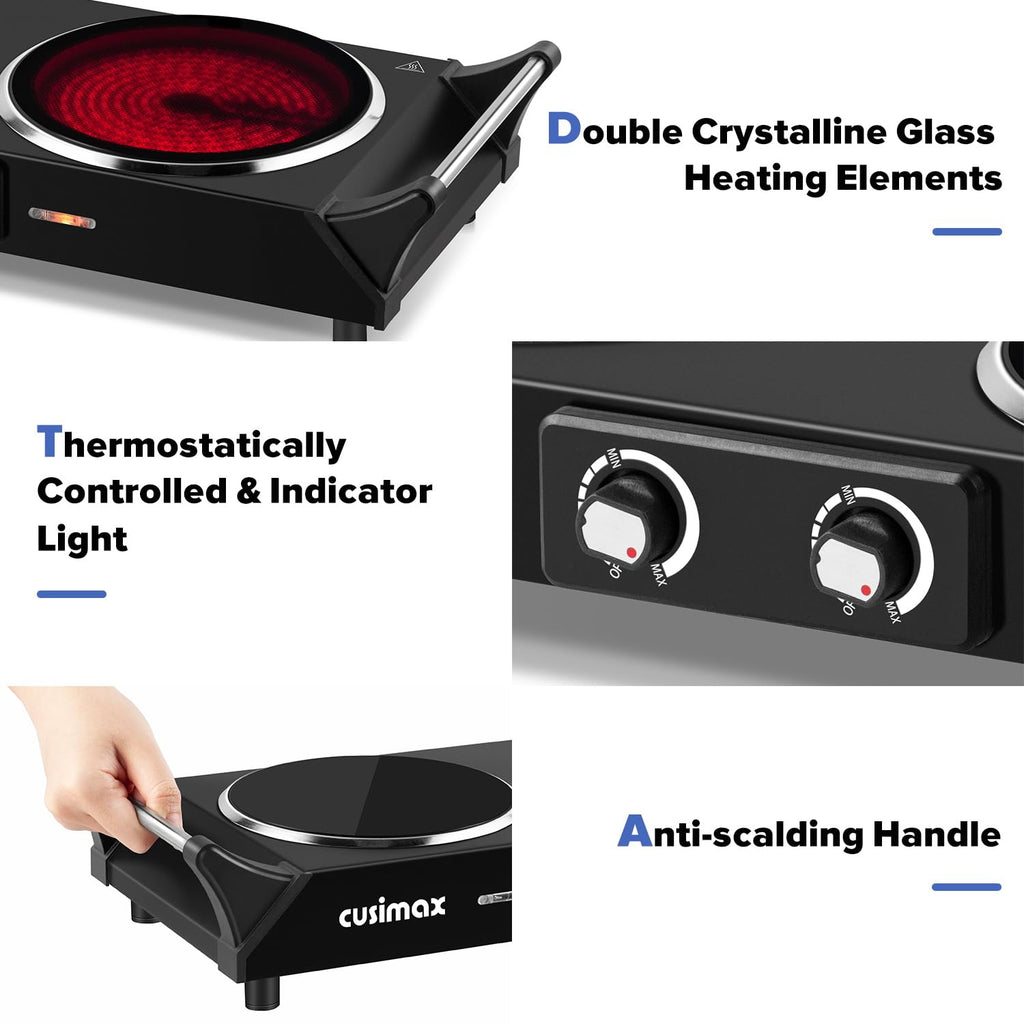 CUSIMAX Double Electric Hob – 2100W Portable Infrared Cooktop Hot Plate