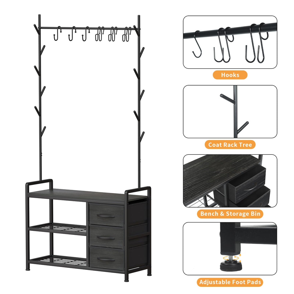 Free Standing Coat Rack Rustic Hall Tree 33"x12"x69.3" Black Wood Veins - image 5