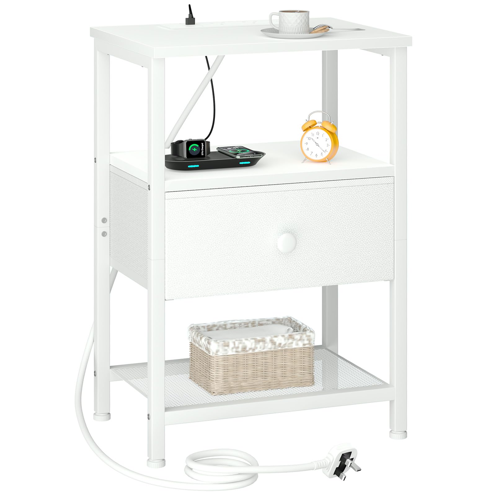 LOAKEKEL Bedside Table with Charging Station and Fabric Drawer – White