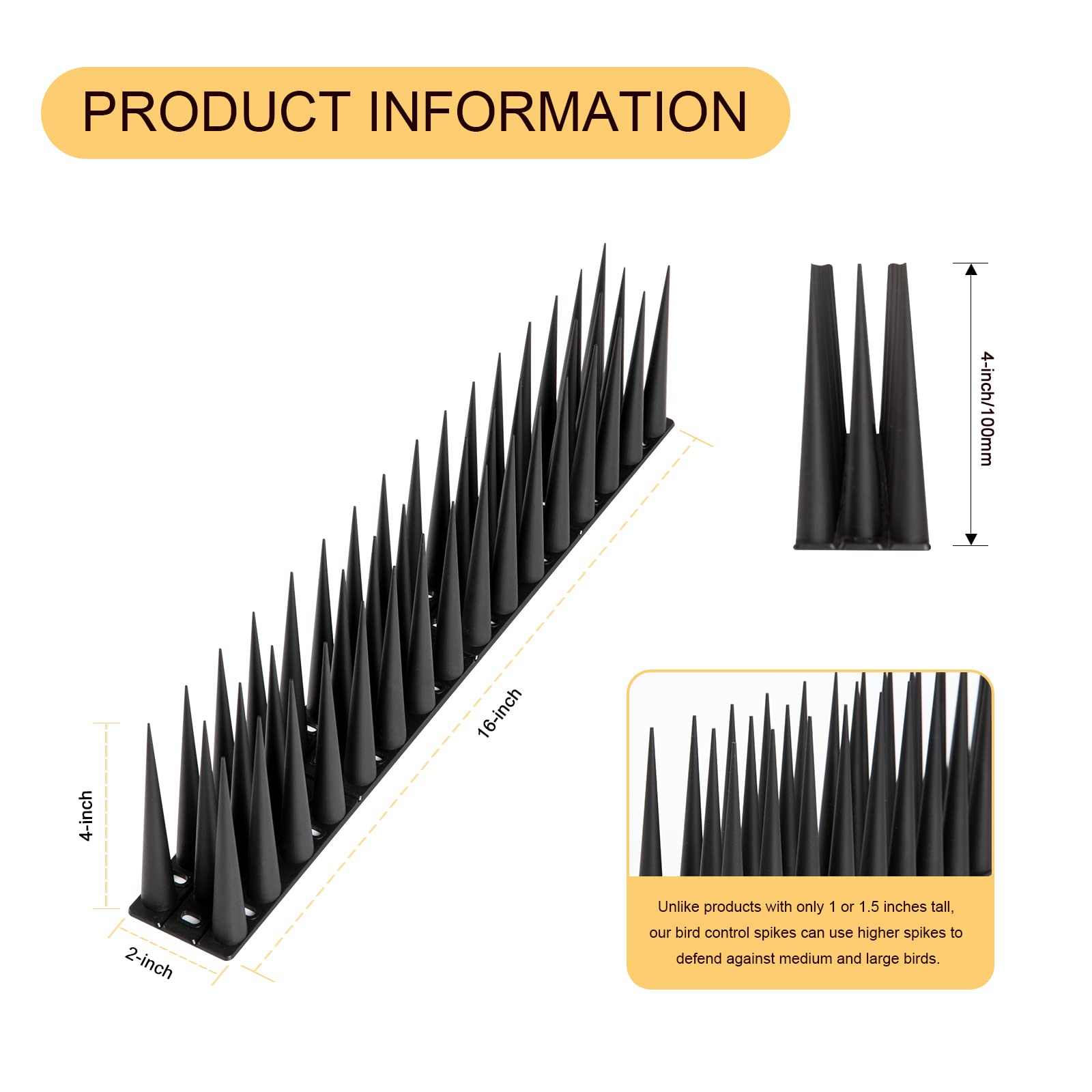 OFFO Bird Spikes – 12m Anti Pigeon Deterrent for Fences, 10cm High, Black