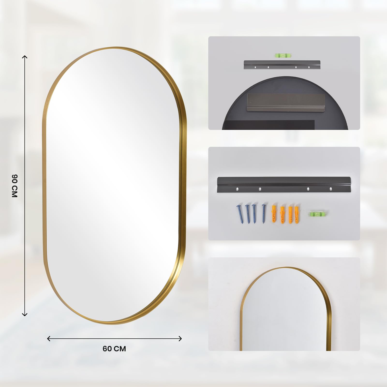 LunaMirror Oval Gold Wall Mirror – 60x90 CM Aluminum Vanity Mirror