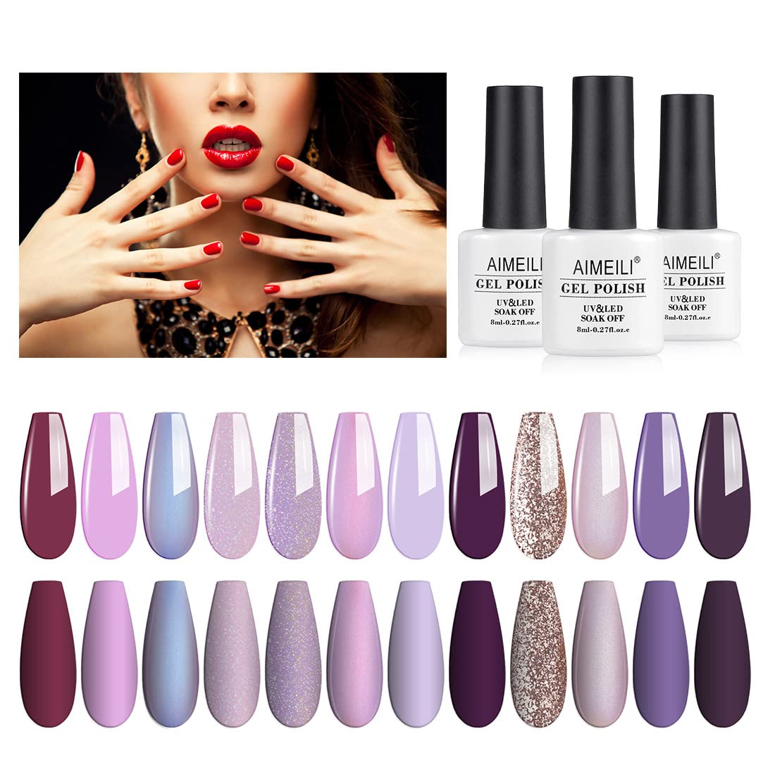AIMEILI Gel Nail Polish Set - 12 Colors Soak Off UV LED Nail Art Kit