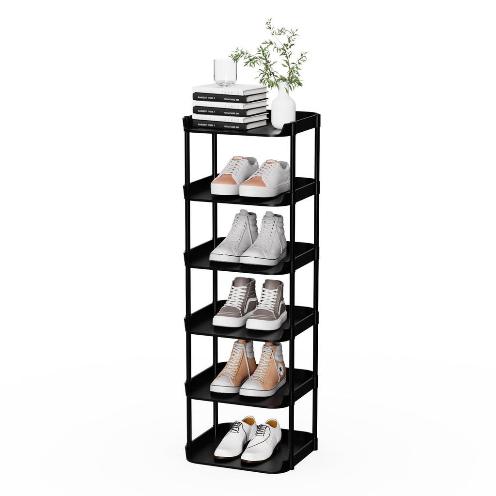 Altdnmaf 6 tier Narrow Shoe Storage Rack, Compact Single Shoerack Stand for Slim Space, Stackable Tall Thin Show Tower, Vertical Plastic Shelves - image 1