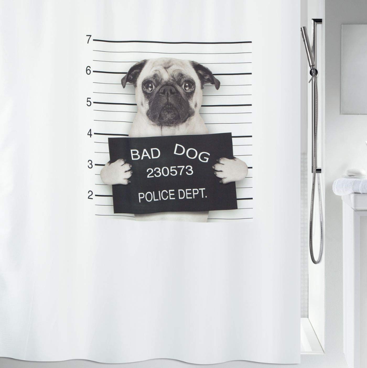 Spirella Bad Dog Pug Shower Curtain | Waterproof Polyester | 180x200cm