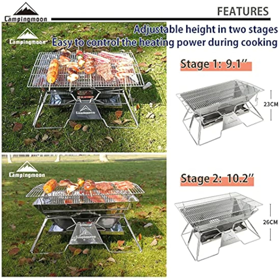 CAMPINGMOON Portable Stainless Steel Fire Pit & Foldable BBQ Grill MT-3