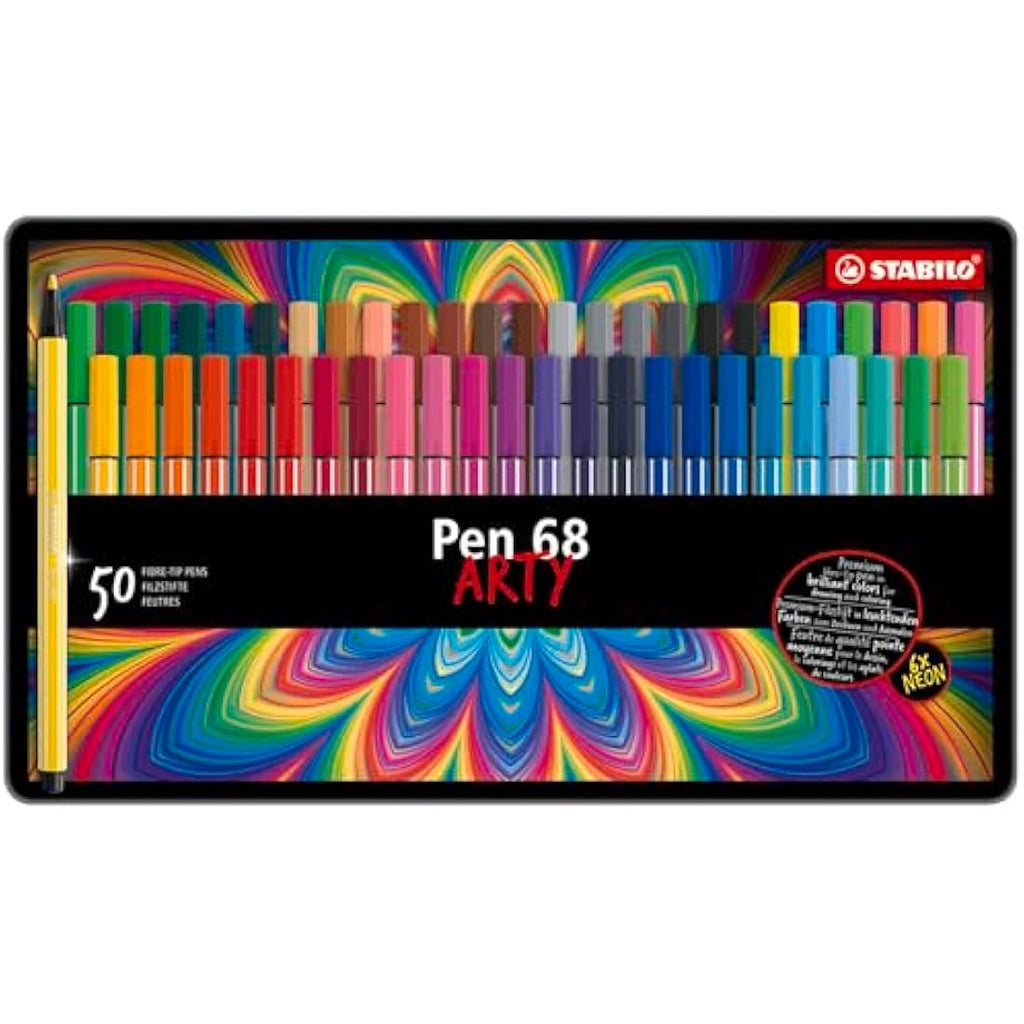 STABILO Pen 68 ARTY Premium Fibre-Tip Pens - Tin of 50 Assorted Colours